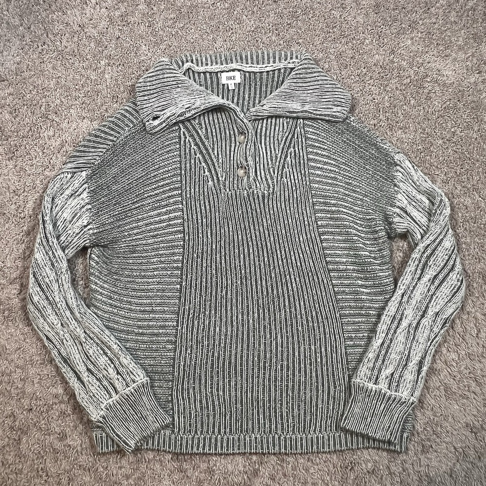BKE Cotton Wide Collar Henley Pullover Sweater Medium Green Marled Oversized